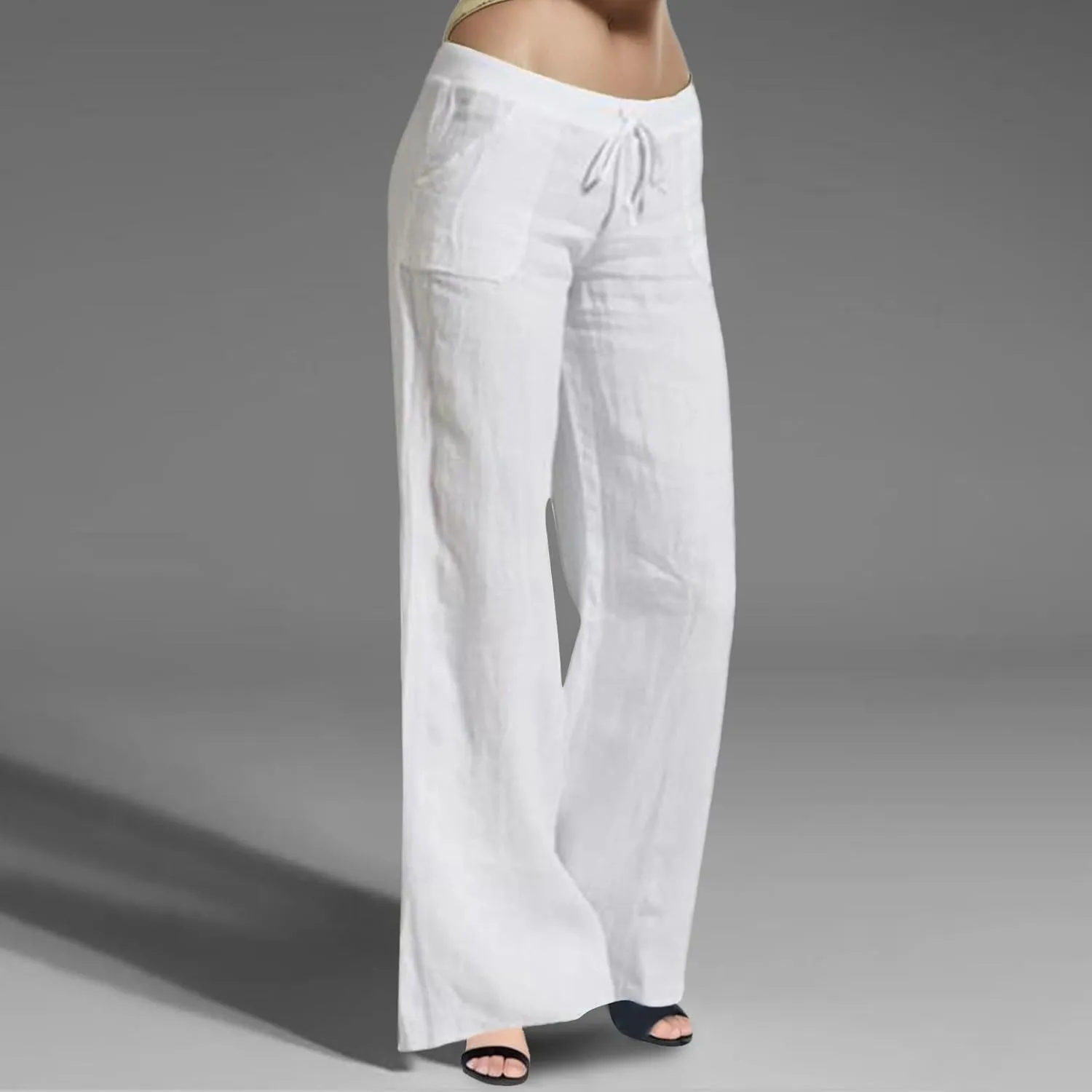 Women Linen Pants 2025 Summer Wide Leg Drawstring High Waisted Palazzo Pants Flowy Lounge Beach Trousers with Pockets