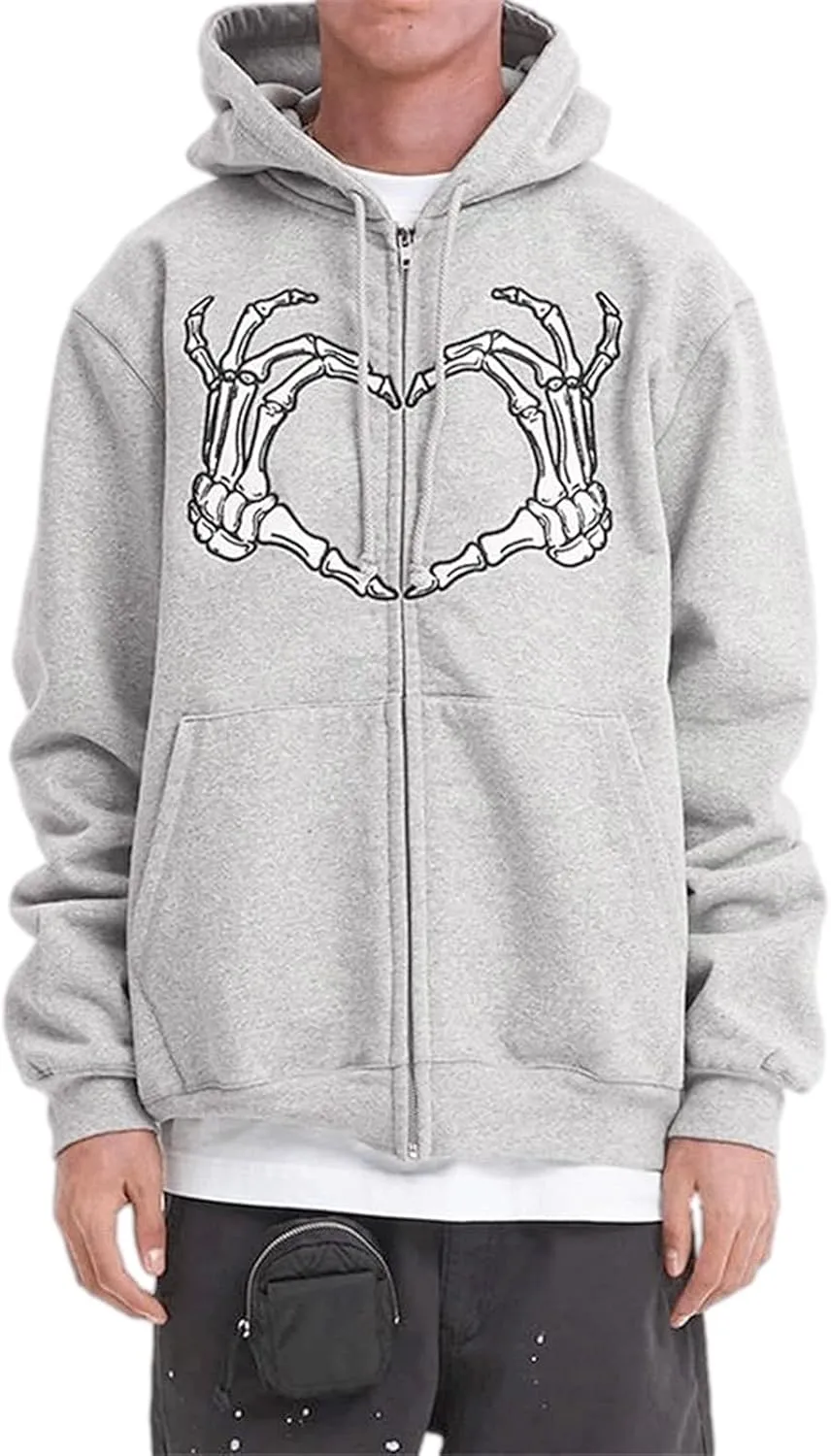 Women Men Skeleton Print Oversized Sweatshirt Zip Up Hoodie Jacket Shacket Coat Aesthetic Streetwear Top