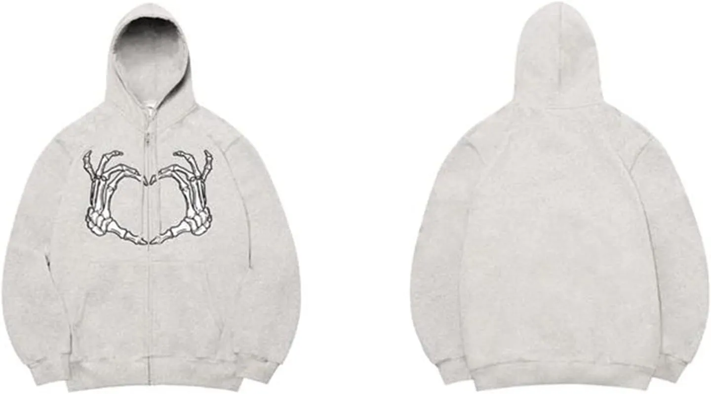 Women Men Skeleton Print Oversized Sweatshirt Zip Up Hoodie Jacket Shacket Coat Aesthetic Streetwear Top