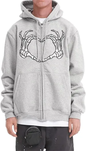 Women Men Skeleton Print Oversized Sweatshirt Zip Up Hoodie Jacket Shacket Coat Aesthetic Streetwear Top