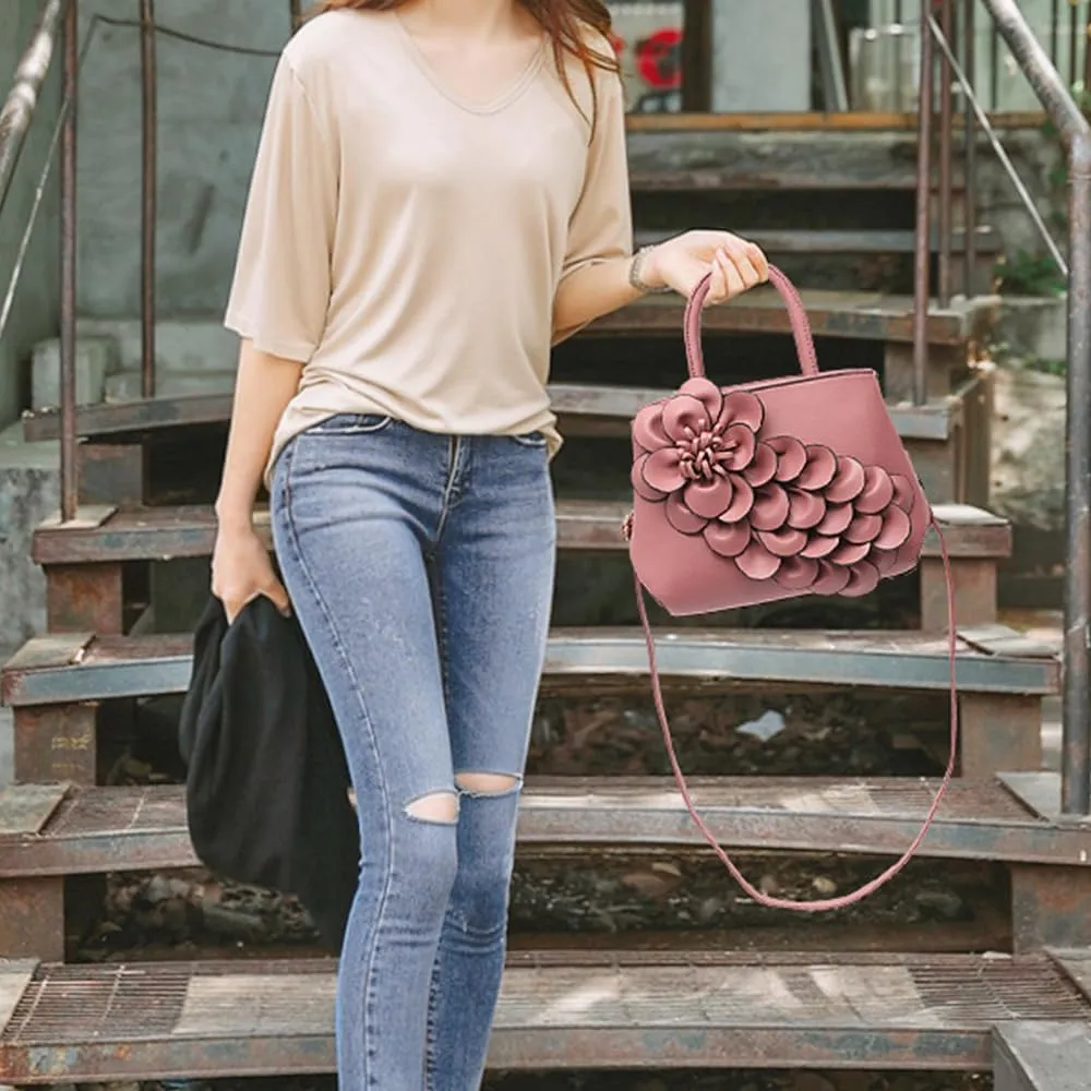 Women Petal Top Handle Handbag Purse PU Zipper Satchel Crossbody Shoulder Bag Tote