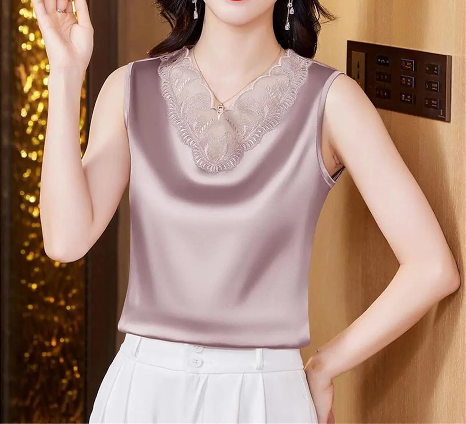 Women Satin Camisole V-Neck Sleeveless Casual Tank Top Summer Patchwork Lace Vest