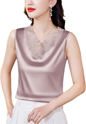Women Satin Camisole V-Neck Sleeveless Casual Tank Top Summer Patchwork Lace Vest