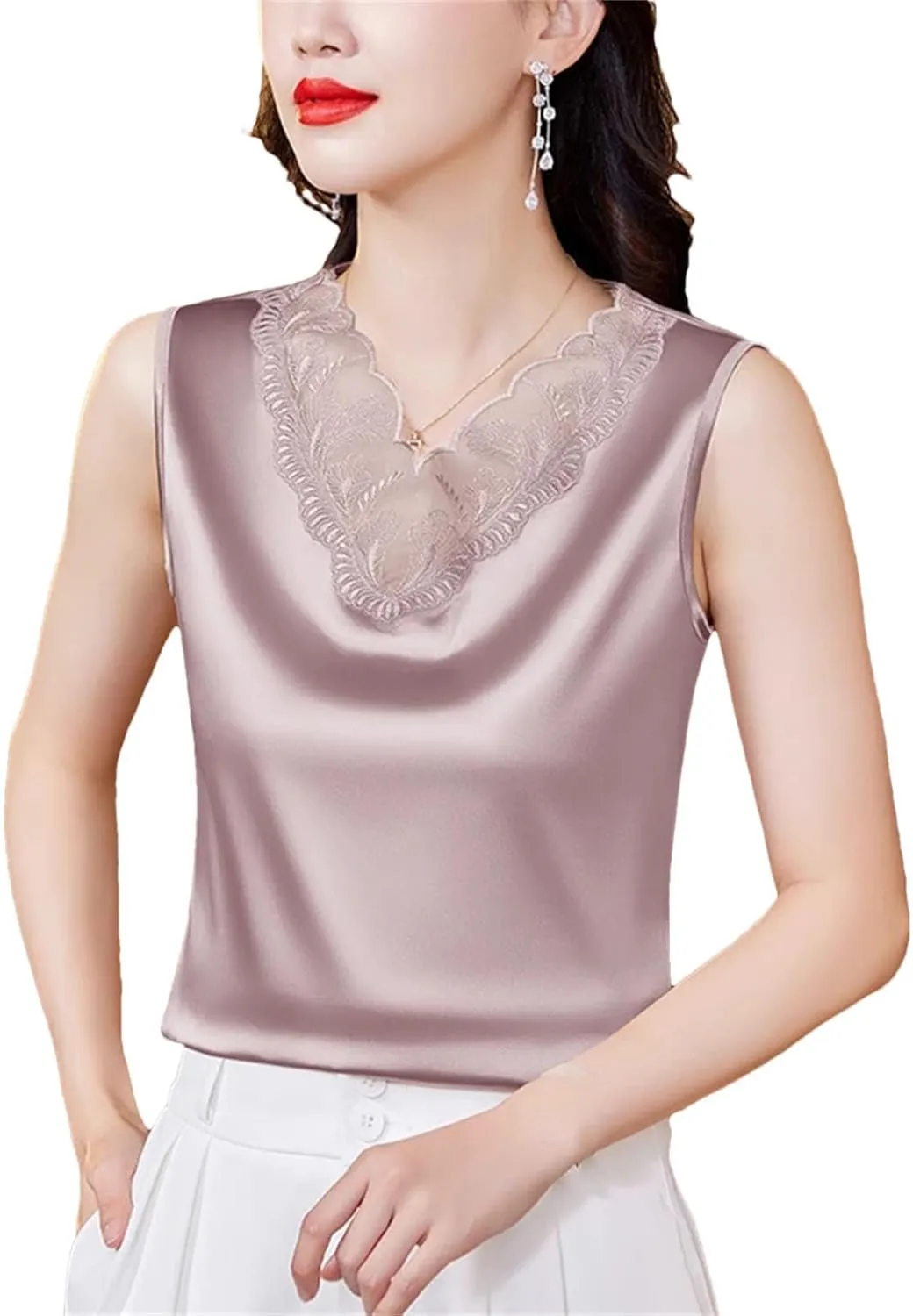 Women Satin Camisole V-Neck Sleeveless Casual Tank Top Summer Patchwork Lace Vest
