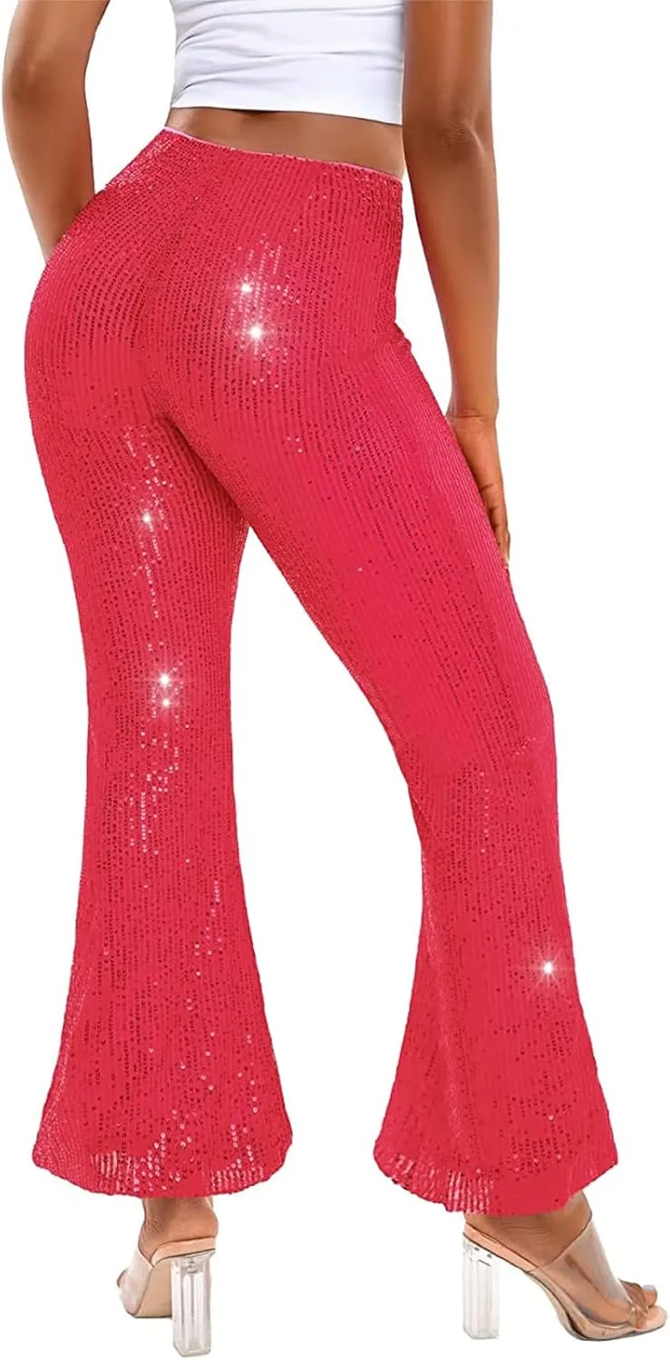 Women Sequin Flare Pants Sparkle Wide Leg High Waist Glitter Shiny Loose Bell Bottom Night Club Long Flared Trousers