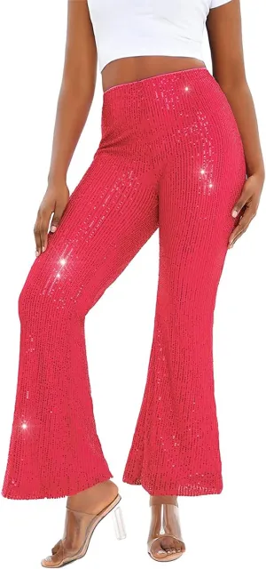 Women Sequin Flare Pants Sparkle Wide Leg High Waist Glitter Shiny Loose Bell Bottom Night Club Long Flared Trousers