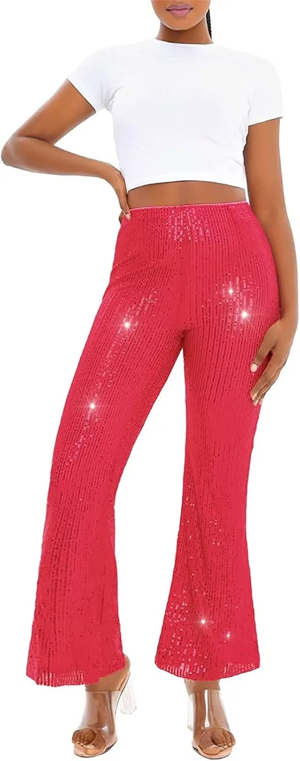 Women Sequin Flare Pants Sparkle Wide Leg High Waist Glitter Shiny Loose Bell Bottom Night Club Long Flared Trousers
