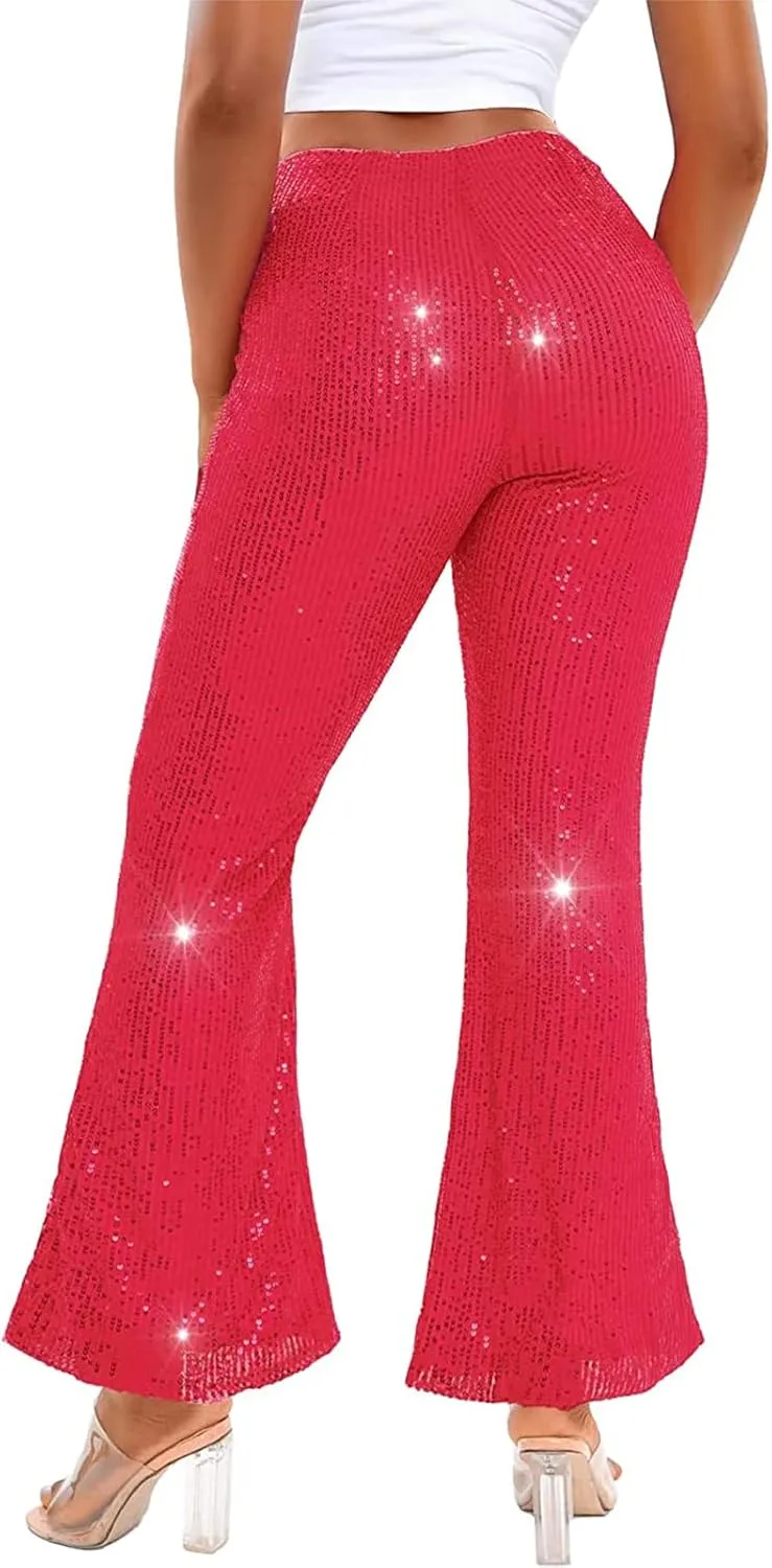 Women Sequin Flare Pants Sparkle Wide Leg High Waist Glitter Shiny Loose Bell Bottom Night Club Long Flared Trousers