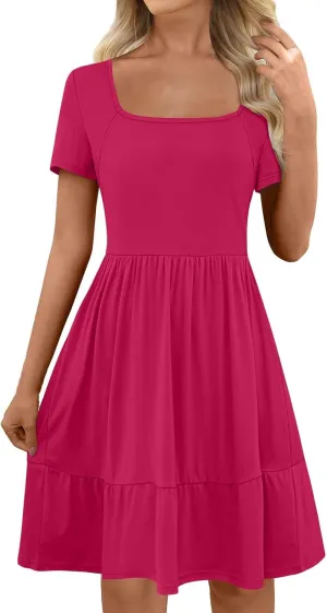 Women Square Neck Swing Dress Summer Casual Short Sleeve Midi Dresses Flowy Ruffle Comfy A-Line Dress with Pockets