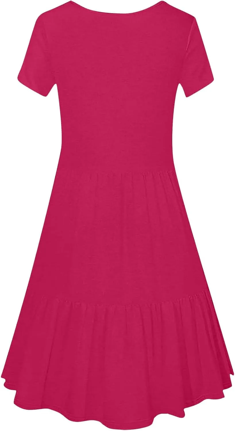 Women Square Neck Swing Dress Summer Casual Short Sleeve Midi Dresses Flowy Ruffle Comfy A-Line Dress with Pockets
