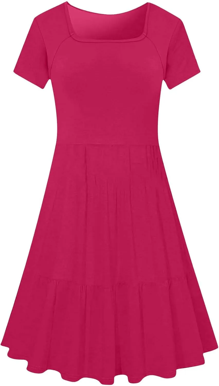 Women Square Neck Swing Dress Summer Casual Short Sleeve Midi Dresses Flowy Ruffle Comfy A-Line Dress with Pockets