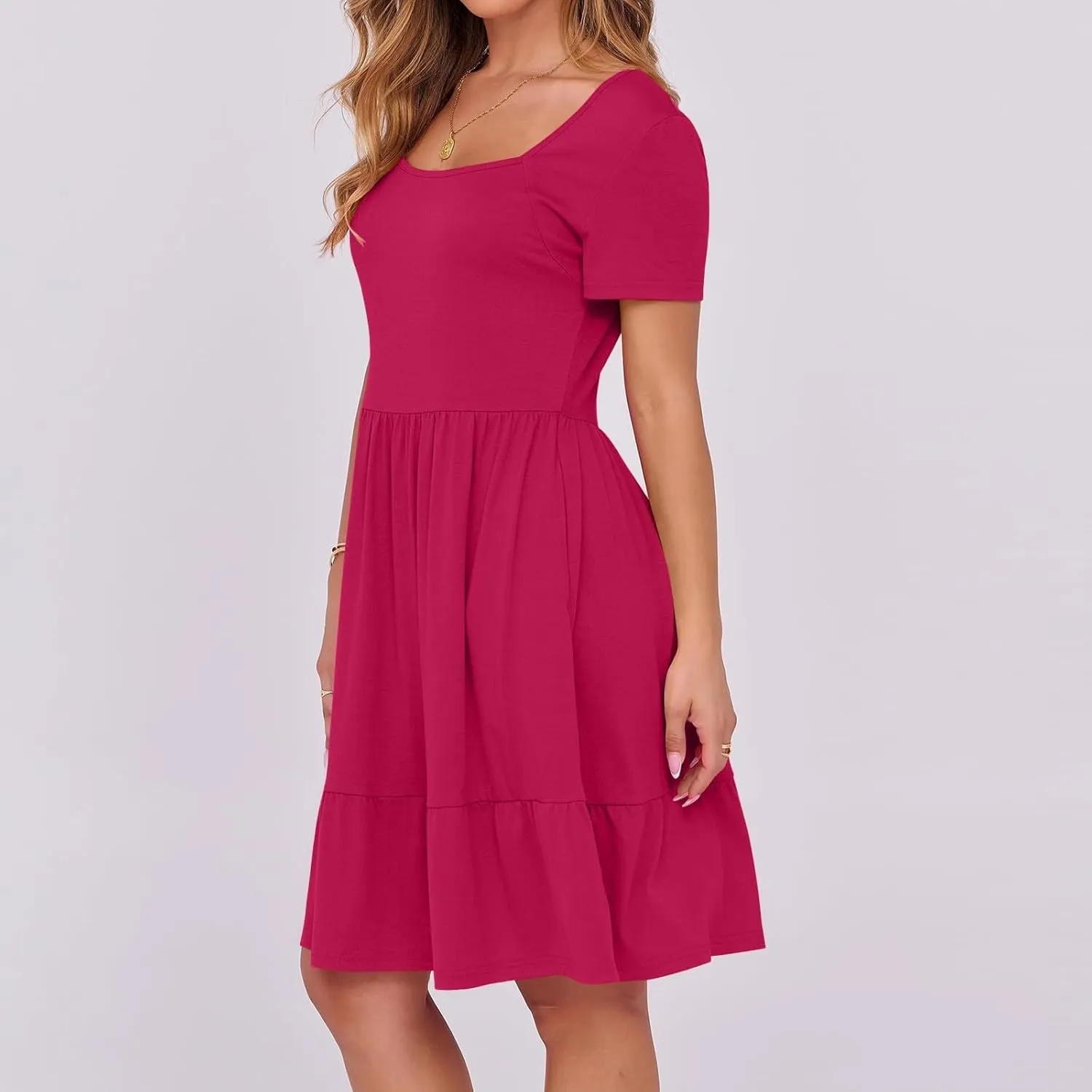 Women Square Neck Swing Dress Summer Casual Short Sleeve Midi Dresses Flowy Ruffle Comfy A-Line Dress with Pockets
