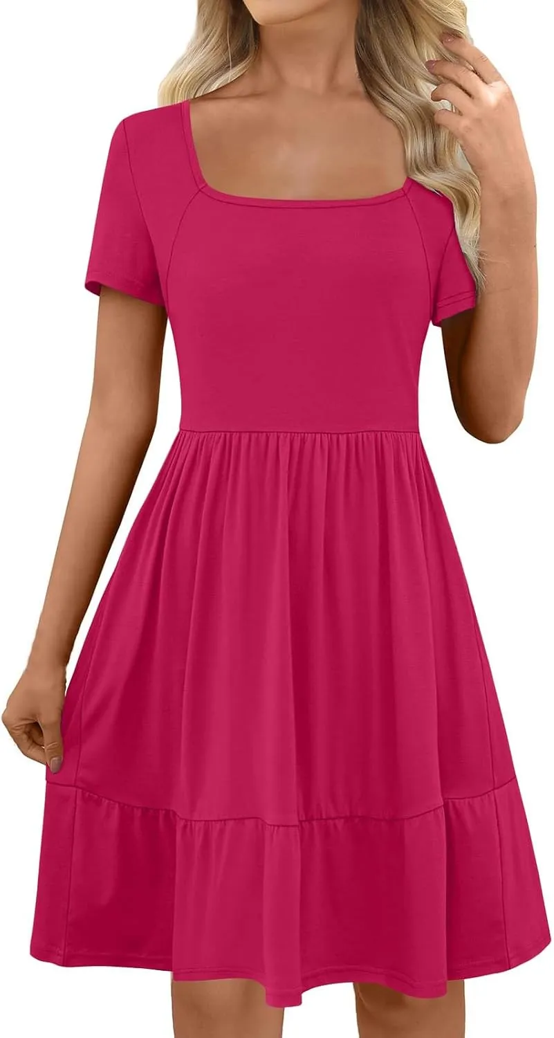 Women Square Neck Swing Dress Summer Casual Short Sleeve Midi Dresses Flowy Ruffle Comfy A-Line Dress with Pockets