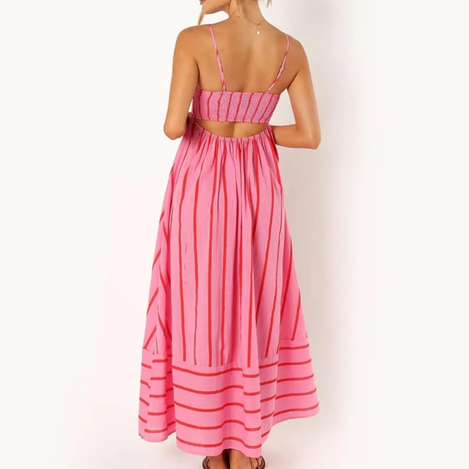 Women Striped Maxi Dress Swing Cutout Midi Dress Backless Smocked Spaghetti Strap Boho Flowy Long Sleeveless Sundress