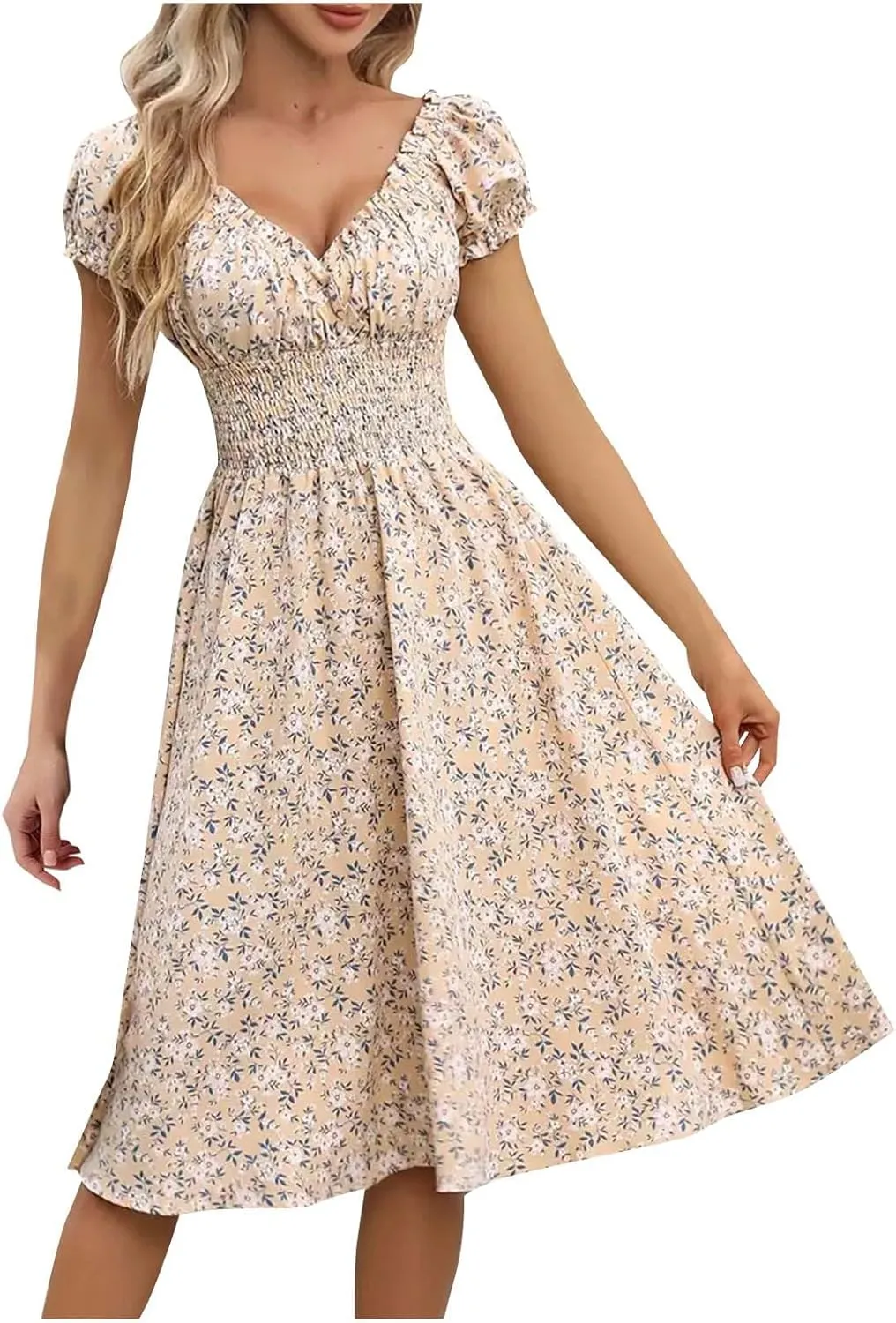 Women Summer Beach Dresses Corset Tie Back Flowy Chiffon Mini Dress Ruffle Sleeve Boho Floral Sundress for Vacation
