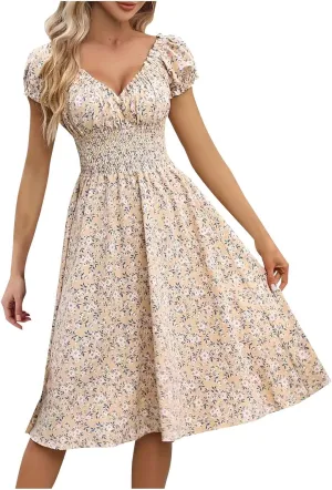 Women Summer Beach Dresses Corset Tie Back Flowy Chiffon Mini Dress Ruffle Sleeve Boho Floral Sundress for Vacation