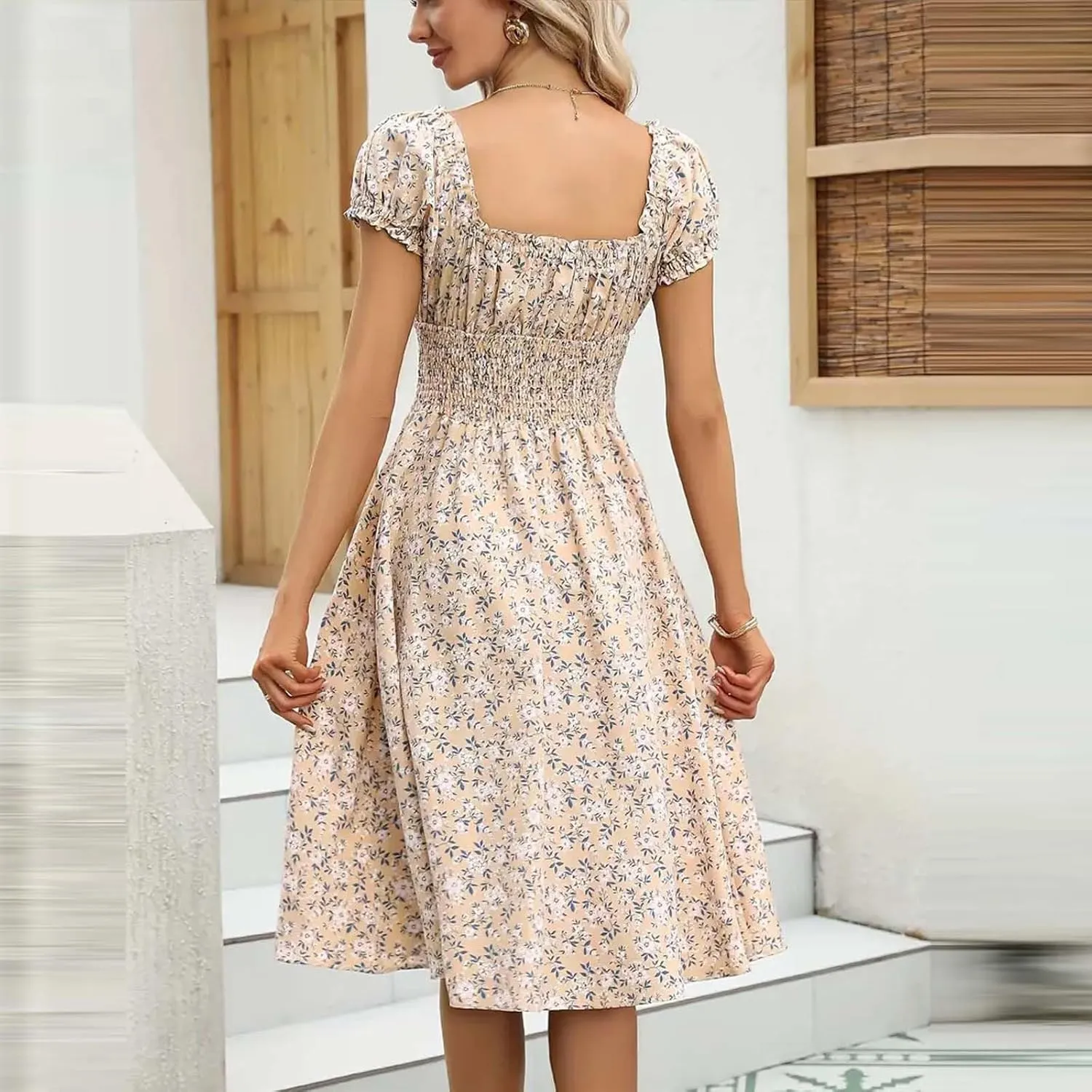 Women Summer Beach Dresses Corset Tie Back Flowy Chiffon Mini Dress Ruffle Sleeve Boho Floral Sundress for Vacation