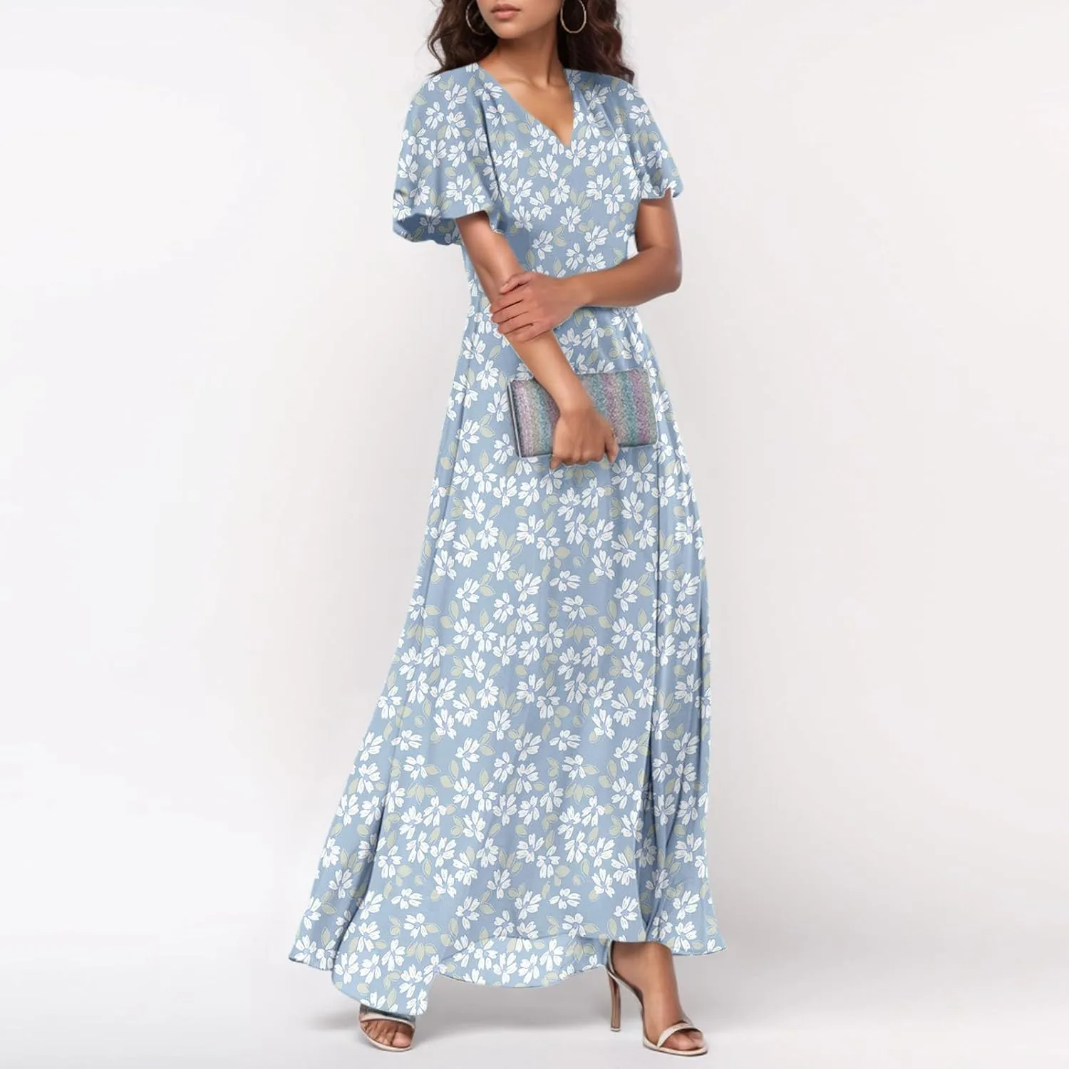Women Summer Bohemian Floral Casual Wrap V Neck Ruffle Cap Sleeveless Belt A-Line Pleated Hem Long Sundress