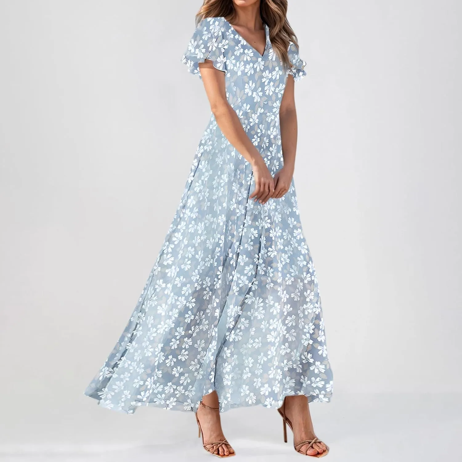 Women Summer Bohemian Floral Casual Wrap V Neck Ruffle Cap Sleeveless Belt A-Line Pleated Hem Long Sundress