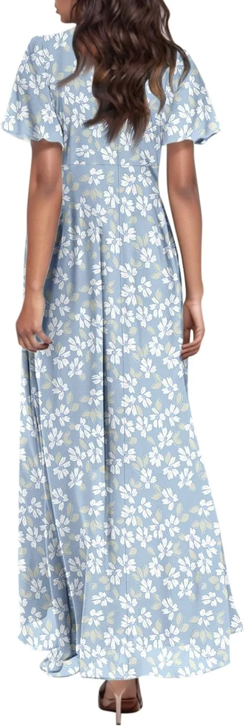 Women Summer Bohemian Floral Casual Wrap V Neck Ruffle Cap Sleeveless Belt A-Line Pleated Hem Long Sundress
