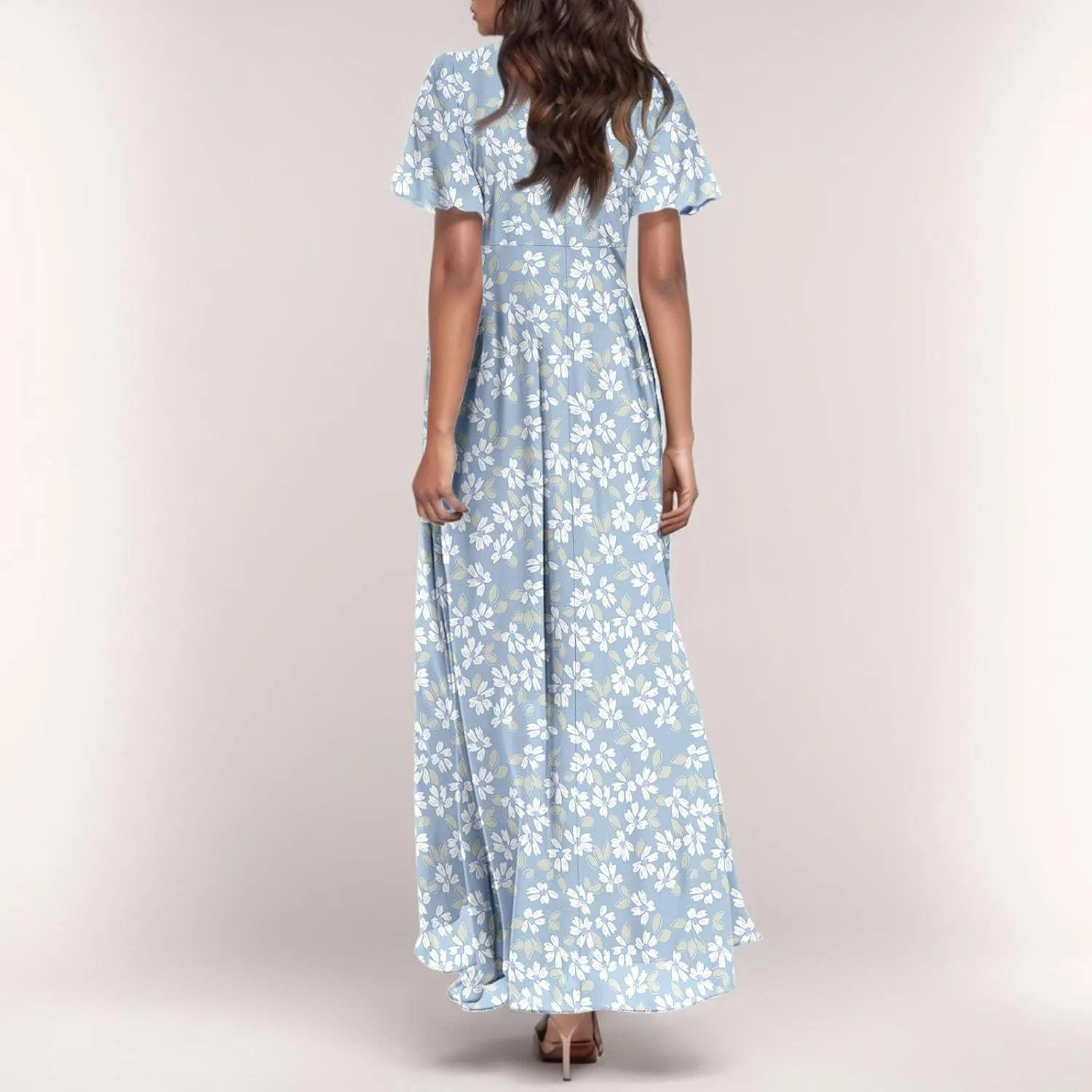 Women Summer Bohemian Floral Casual Wrap V Neck Ruffle Cap Sleeveless Belt A-Line Pleated Hem Long Sundress