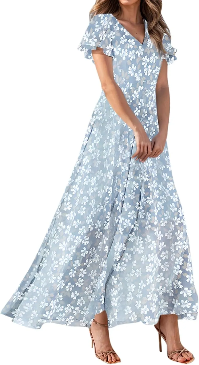 Women Summer Bohemian Floral Casual Wrap V Neck Ruffle Cap Sleeveless Belt A-Line Pleated Hem Long Sundress