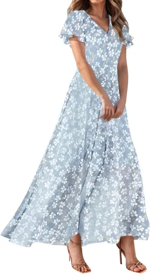 Women Summer Bohemian Floral Casual Wrap V Neck Ruffle Cap Sleeveless Belt A-Line Pleated Hem Long Sundress