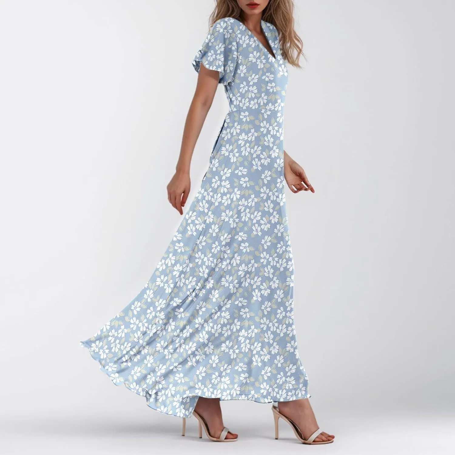 Women Summer Bohemian Floral Casual Wrap V Neck Ruffle Cap Sleeveless Belt A-Line Pleated Hem Long Sundress