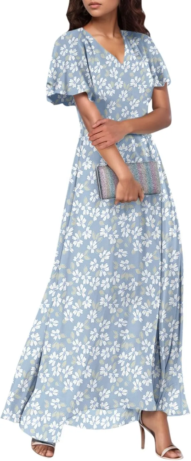 Women Summer Bohemian Floral Casual Wrap V Neck Ruffle Cap Sleeveless Belt A-Line Pleated Hem Long Sundress