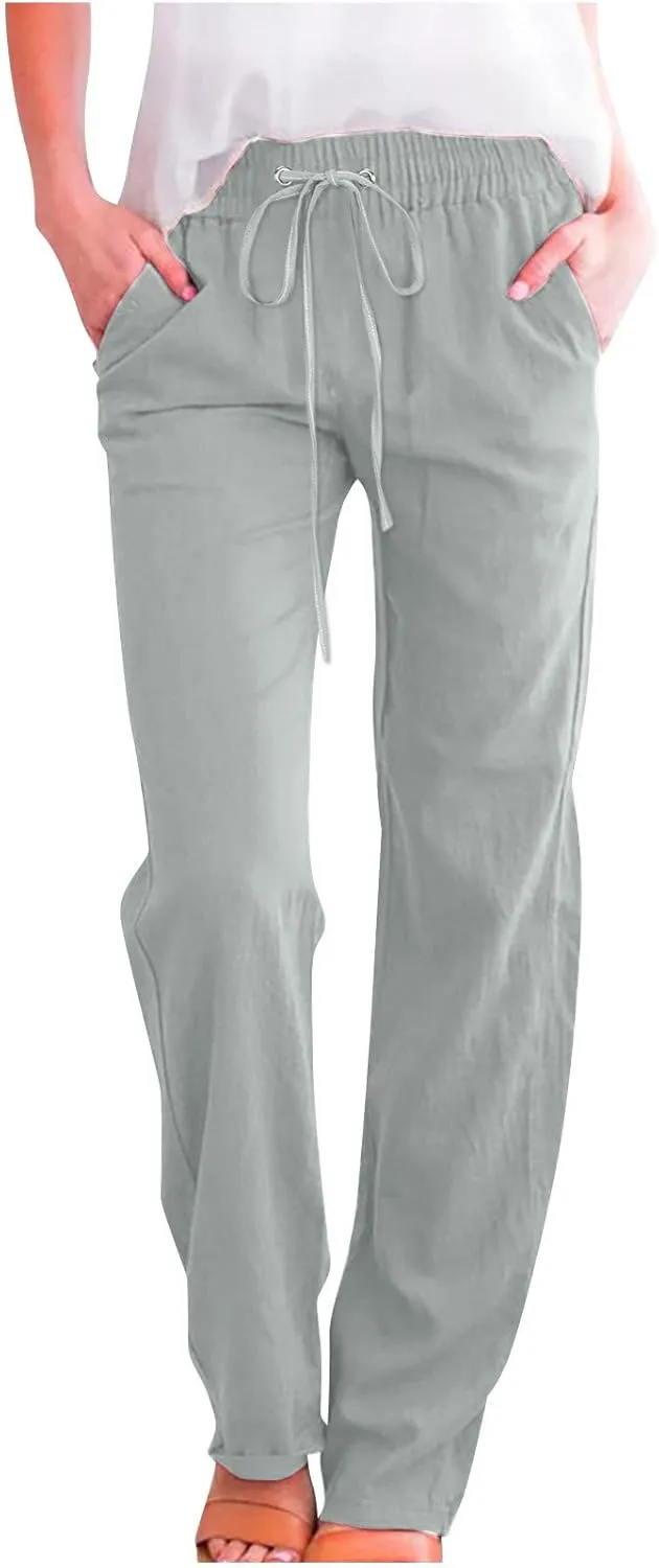 Women Summer Casual Cotton Linen Pants Solid Sports Lounge Beach Trousers Slim High Elastic Waist Pants with Pockets