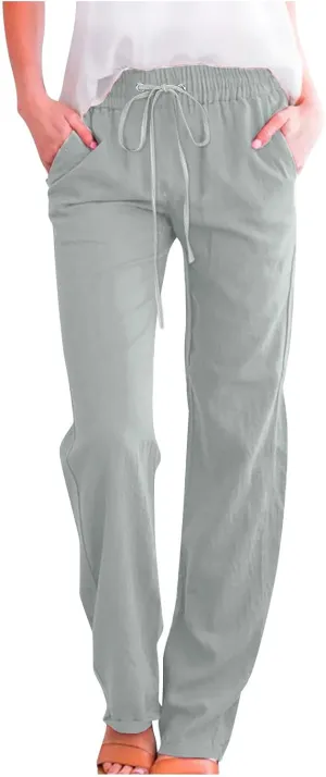 Women Summer Casual Cotton Linen Pants Solid Sports Lounge Beach Trousers Slim High Elastic Waist Pants with Pockets