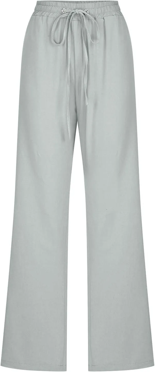 Women Summer Casual Cotton Linen Pants Solid Sports Lounge Beach Trousers Slim High Elastic Waist Pants with Pockets
