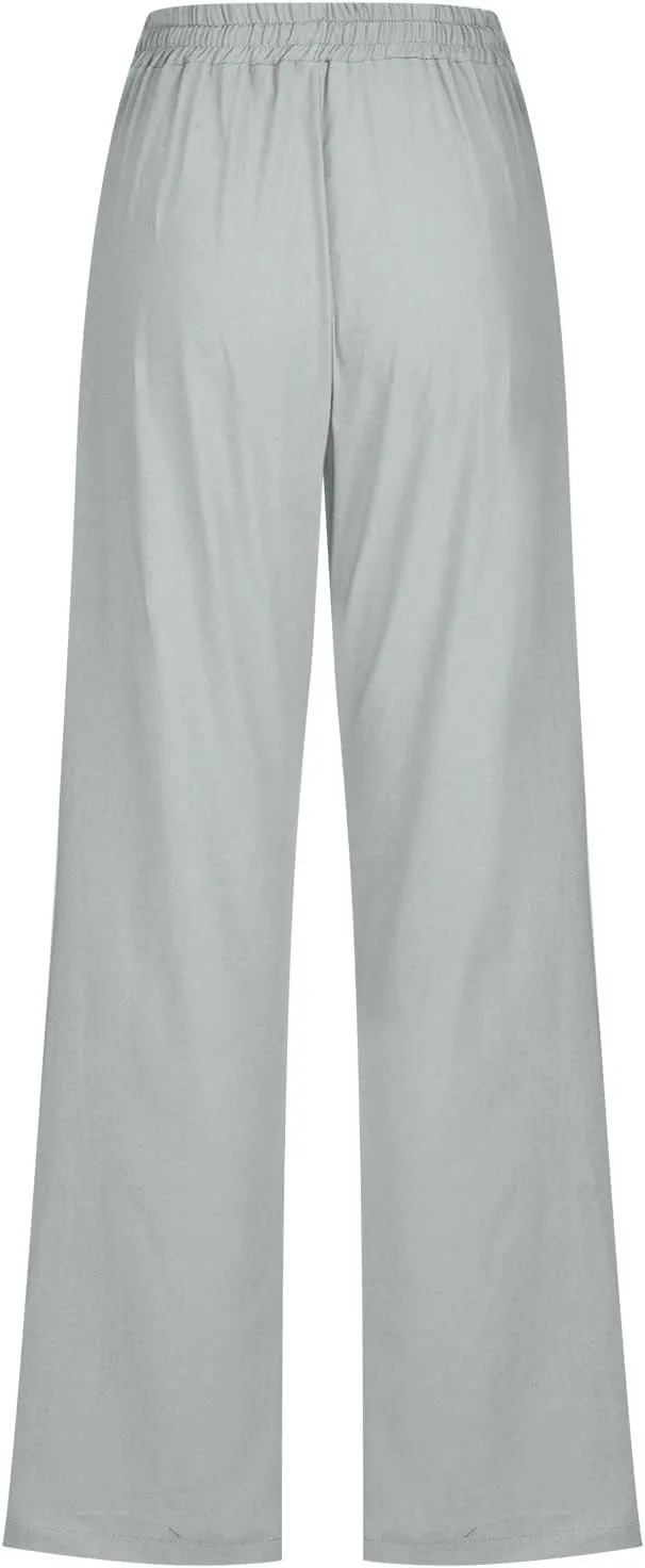 Women Summer Casual Cotton Linen Pants Solid Sports Lounge Beach Trousers Slim High Elastic Waist Pants with Pockets