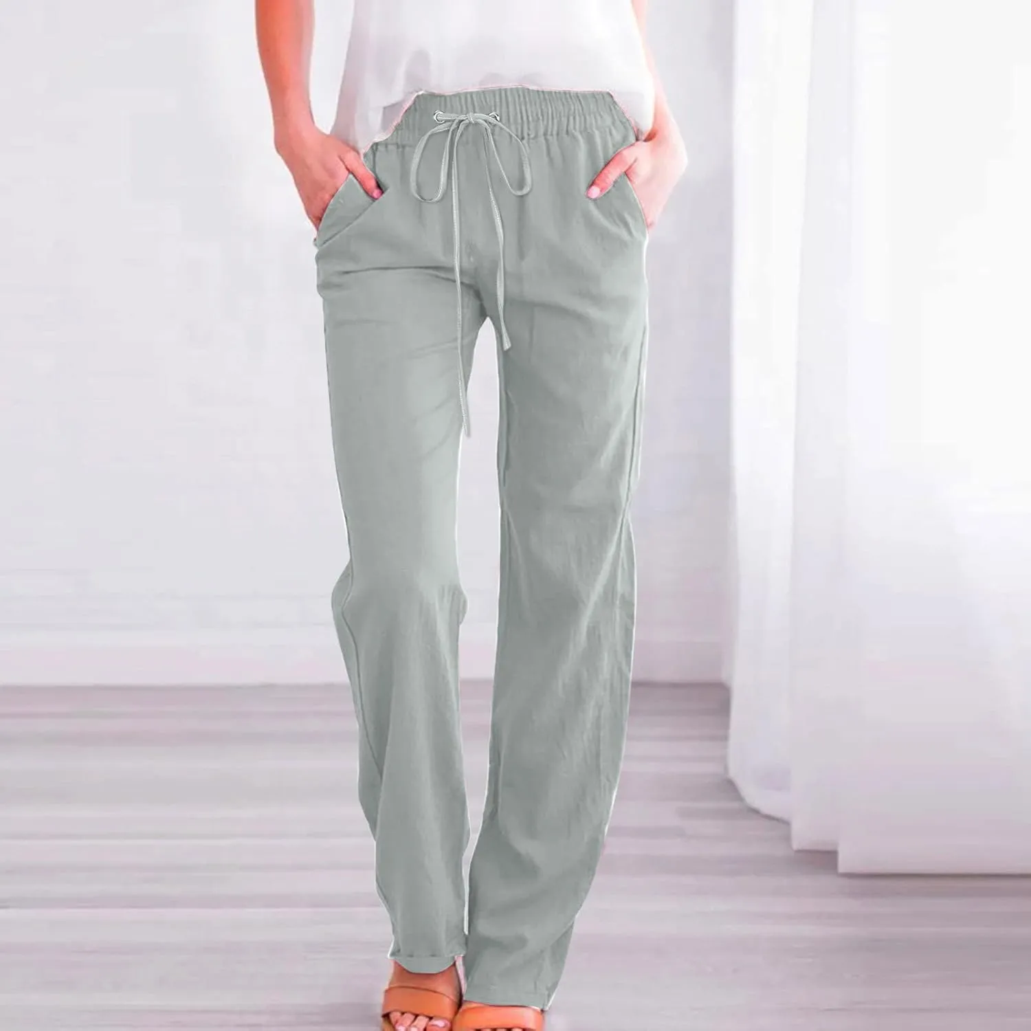 Women Summer Casual Cotton Linen Pants Solid Sports Lounge Beach Trousers Slim High Elastic Waist Pants with Pockets