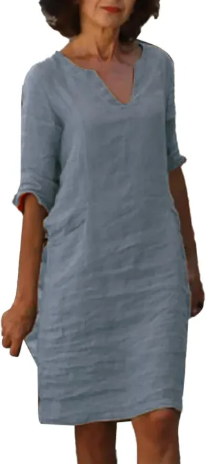 Women Summer Midi Shirt Dresses V Neck Linen Dress Summer Half Sleeve Knee Length Shift Dress Lapel Casual Cotton Linen Dress