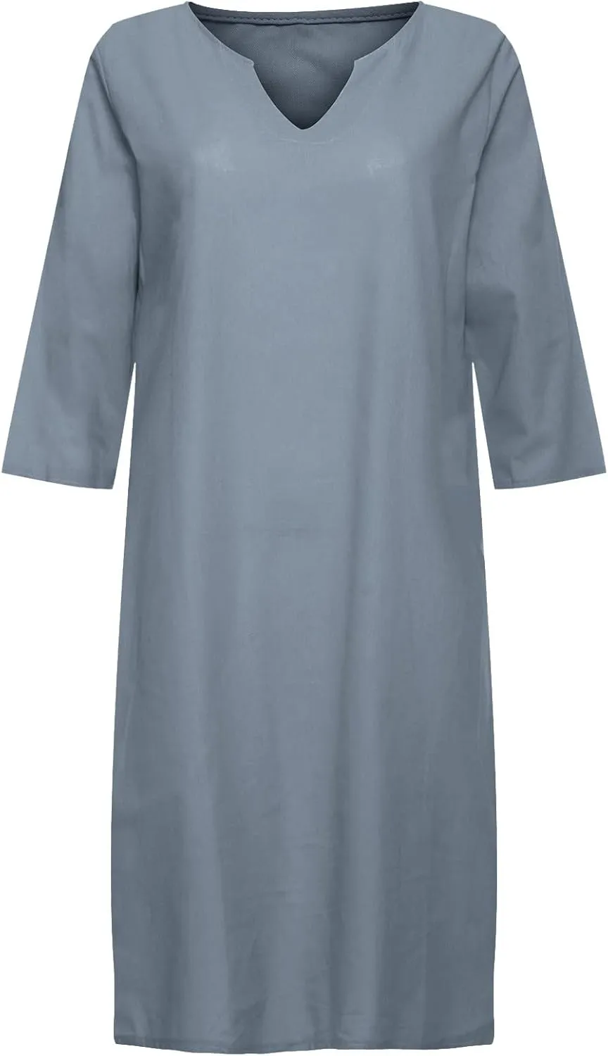 Women Summer Midi Shirt Dresses V Neck Linen Dress Summer Half Sleeve Knee Length Shift Dress Lapel Casual Cotton Linen Dress