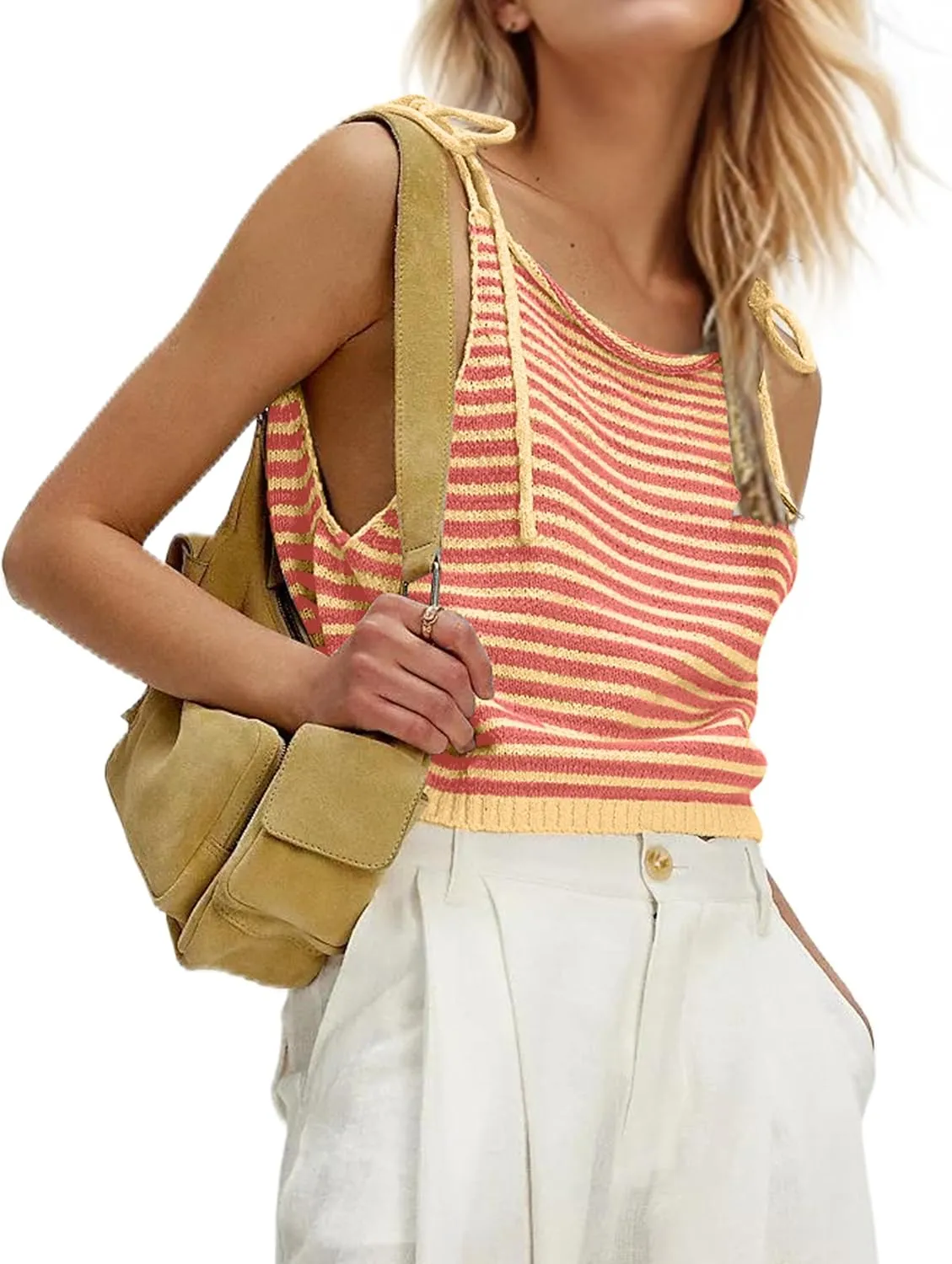 Women Summer Striped Tie Shoulder Sweater Tank Color Block Knit Scoop Neck Beach Vacation Crop Cami Tops