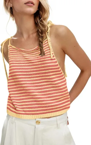 Women Summer Striped Tie Shoulder Sweater Tank Color Block Knit Scoop Neck Beach Vacation Crop Cami Tops