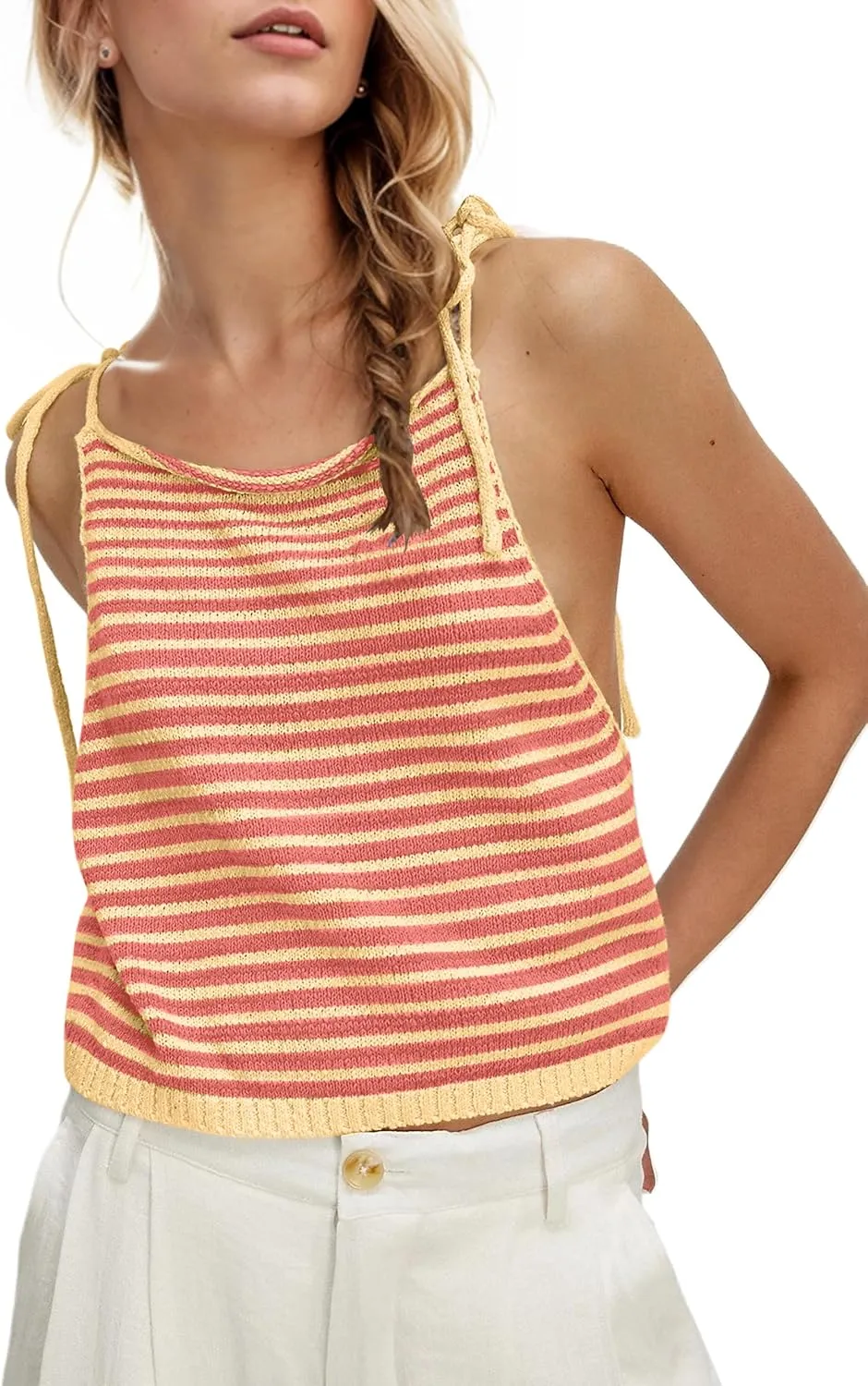 Women Summer Striped Tie Shoulder Sweater Tank Color Block Knit Scoop Neck Beach Vacation Crop Cami Tops