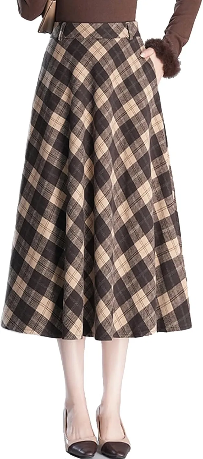Women Thicken Plaid Pleated Skirt with Pockets and Lining Casual A-Line Elastic High Waist Midi Skirt