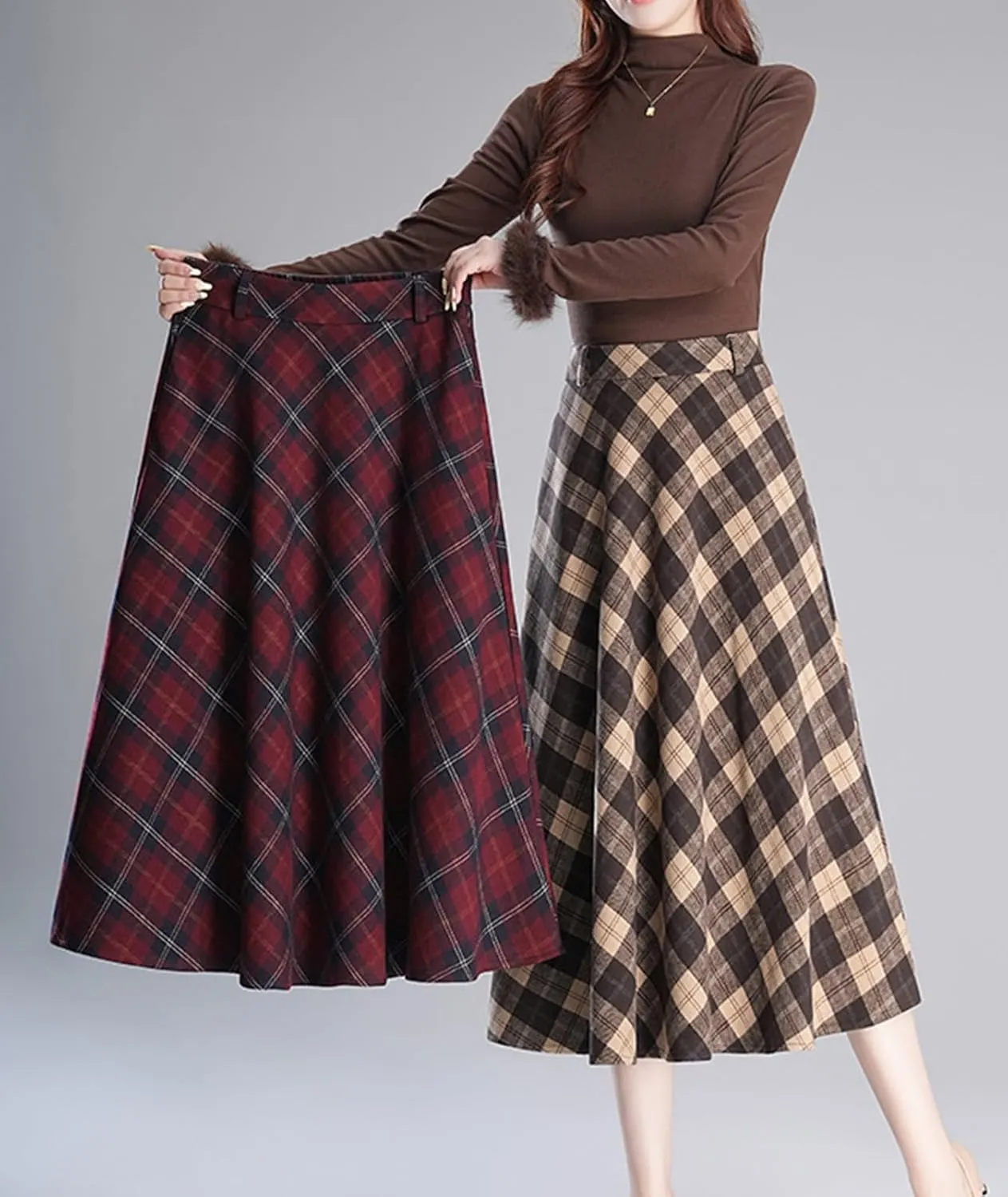 Women Thicken Plaid Pleated Skirt with Pockets and Lining Casual A-Line Elastic High Waist Midi Skirt