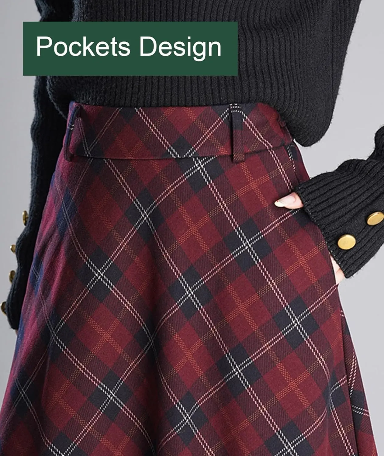Women Thicken Plaid Pleated Skirt with Pockets and Lining Casual A-Line Elastic High Waist Midi Skirt
