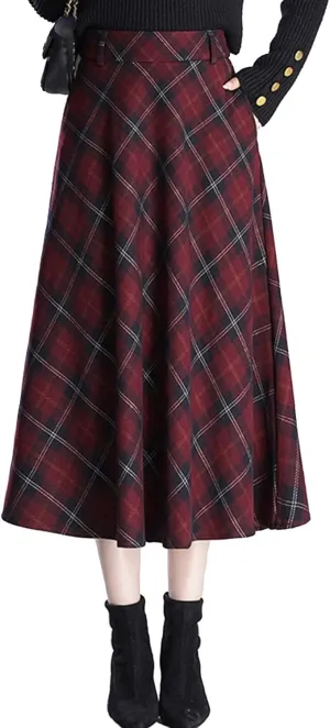 Women Thicken Plaid Pleated Skirt with Pockets and Lining Casual A-Line Elastic High Waist Midi Skirt