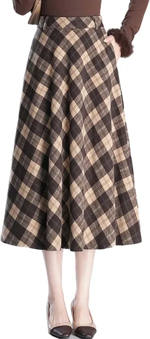 Women Thicken Plaid Pleated Skirt with Pockets and Lining Casual A-Line Elastic High Waist Midi Skirt