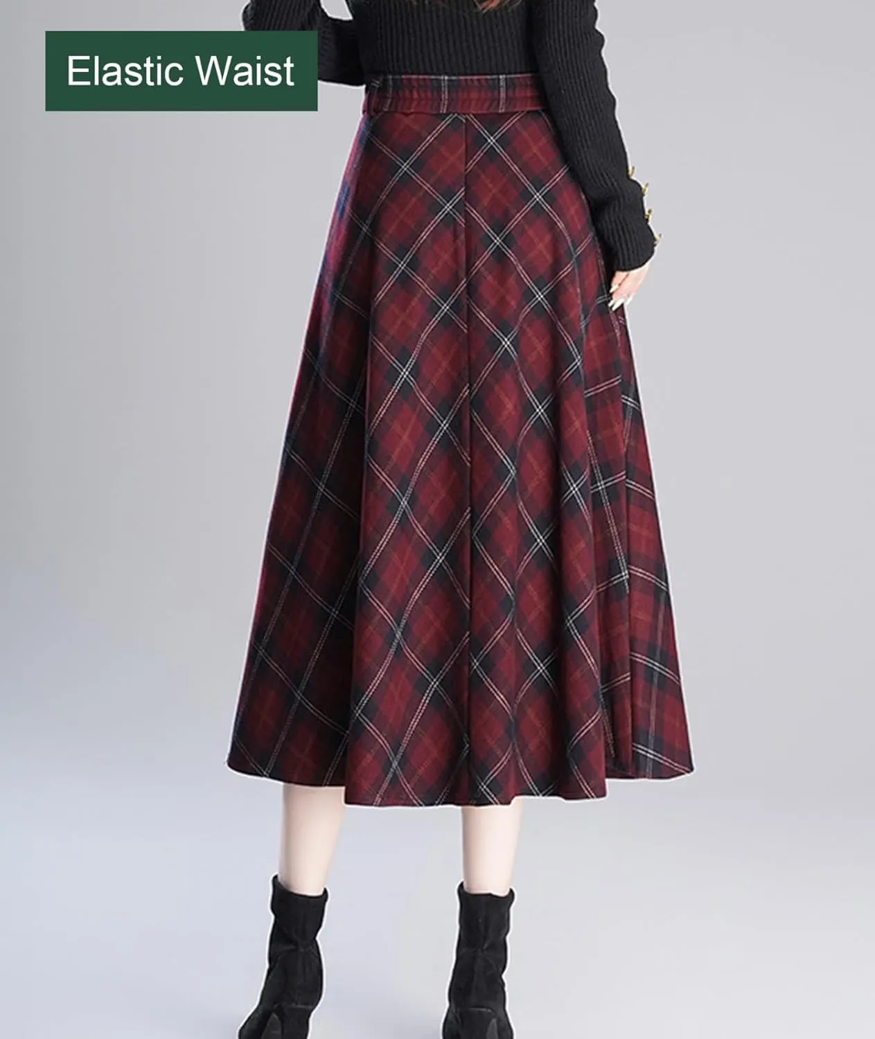 Women Thicken Plaid Pleated Skirt with Pockets and Lining Casual A-Line Elastic High Waist Midi Skirt