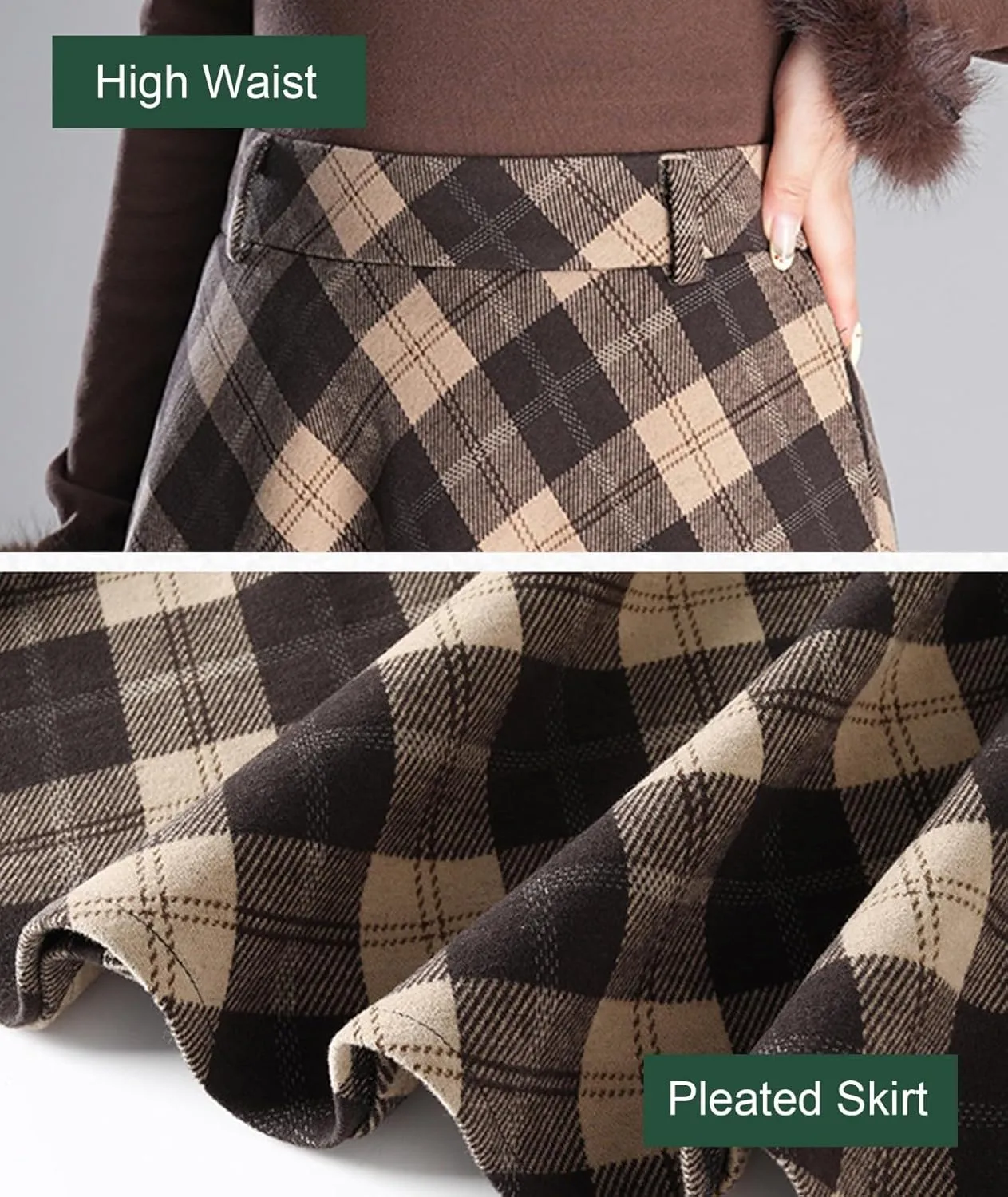 Women Thicken Plaid Pleated Skirt with Pockets and Lining Casual A-Line Elastic High Waist Midi Skirt
