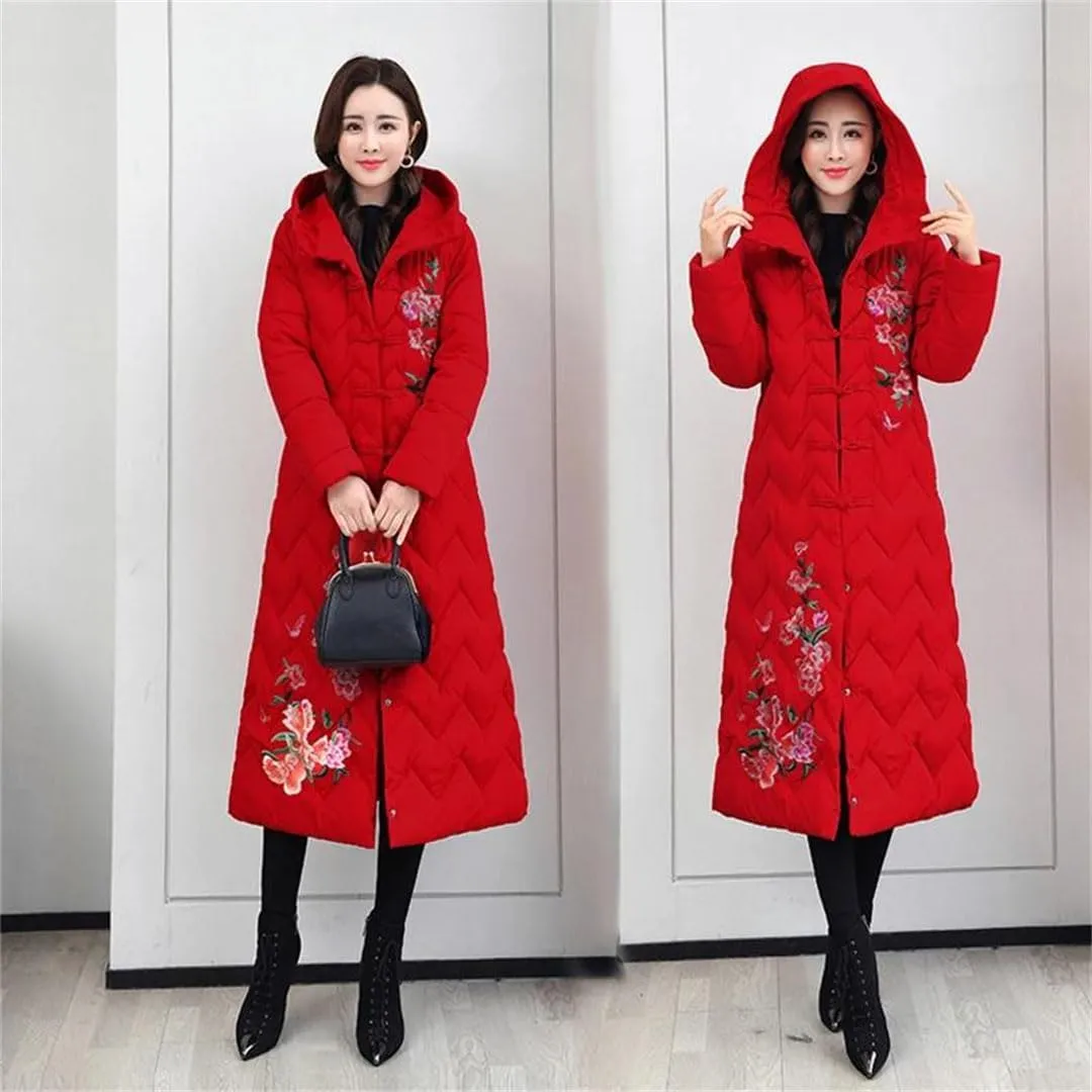 Women Top Down Cotton Jacket Korean Hooded Long Warm Padded Coat Embroidery Overcoat