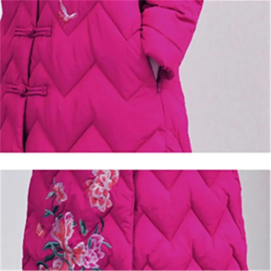 Women Top Down Cotton Jacket Korean Hooded Long Warm Padded Coat Embroidery Overcoat