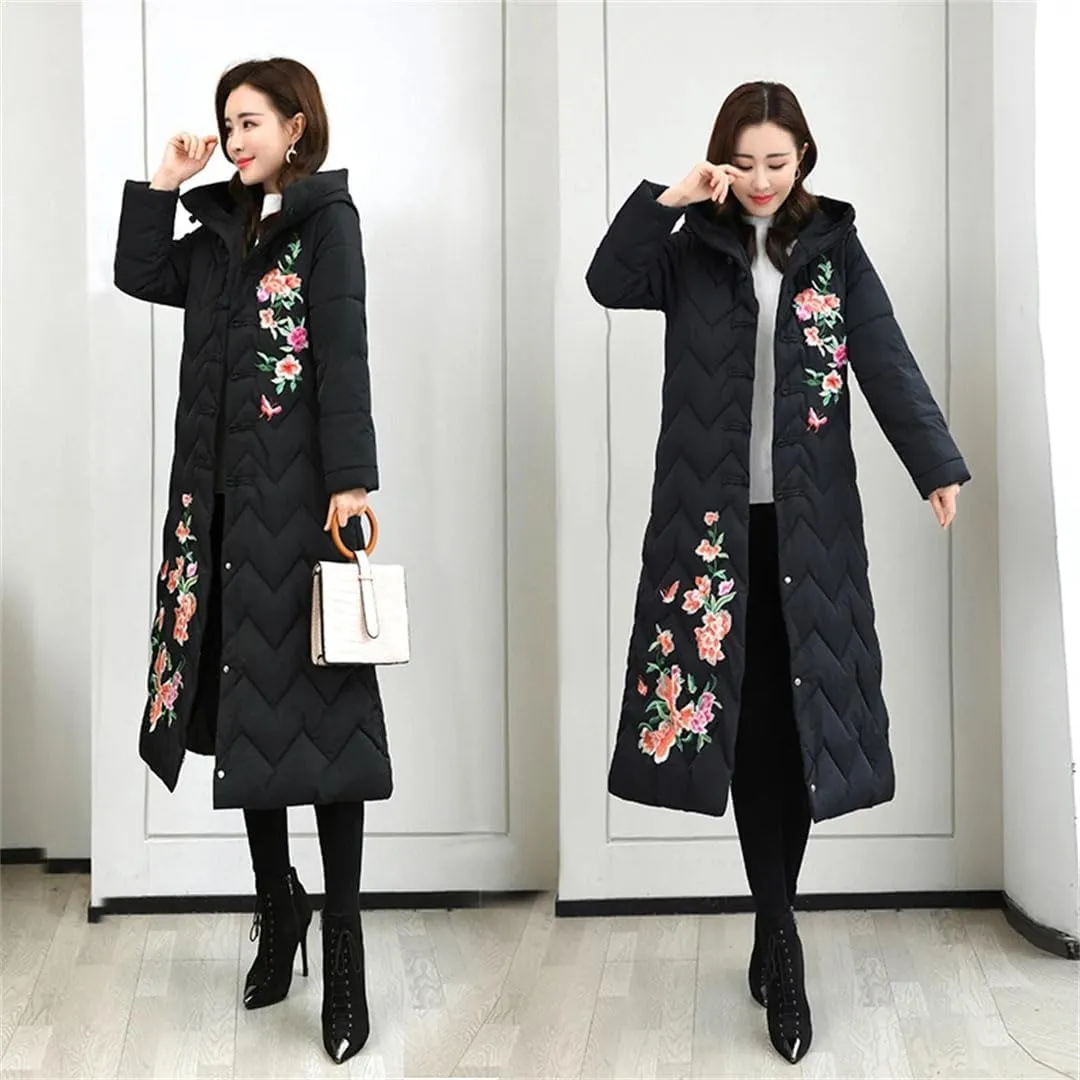 Women Top Down Cotton Jacket Korean Hooded Long Warm Padded Coat Embroidery Overcoat