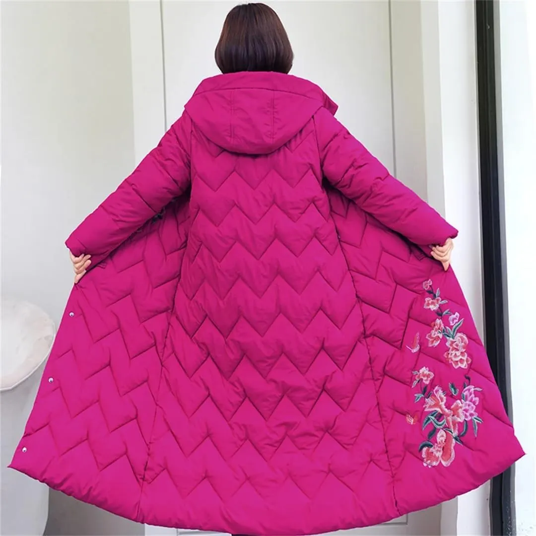 Women Top Down Cotton Jacket Korean Hooded Long Warm Padded Coat Embroidery Overcoat